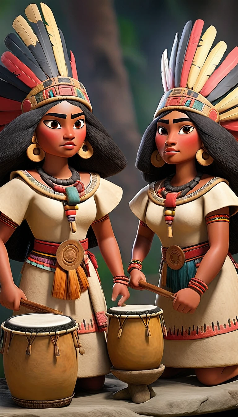 pre-Columbian musical group formed by Aztecs in the year 1455, instruments of the time, drums, conch flutes, well-formed faces, and dresses covering the