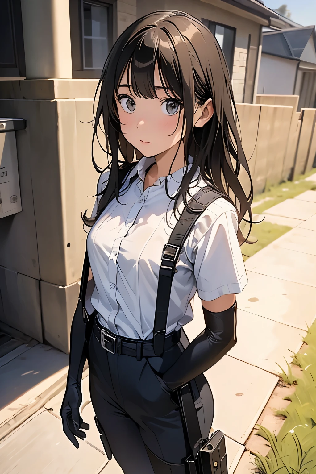 high quality, masterpiece, Ultra-high resolution, (realism: 1.4), Oil painting style, Cinema Lighting, An endless grassland dotted with a few houses, I stood on the empty asphalt road and looked at it., Fairy Mountain々was shrouded in mist, And the suspenders with the cranes flying Large Breasts Small face holster Lying in bed Looking up Sweat belt summer 脇Sweat Black Hole Gloves suit shirt Black jacket Black trousers Leg Links ズボンにbelt holster Hands behind your back Anxious expression Looking up Anxious face