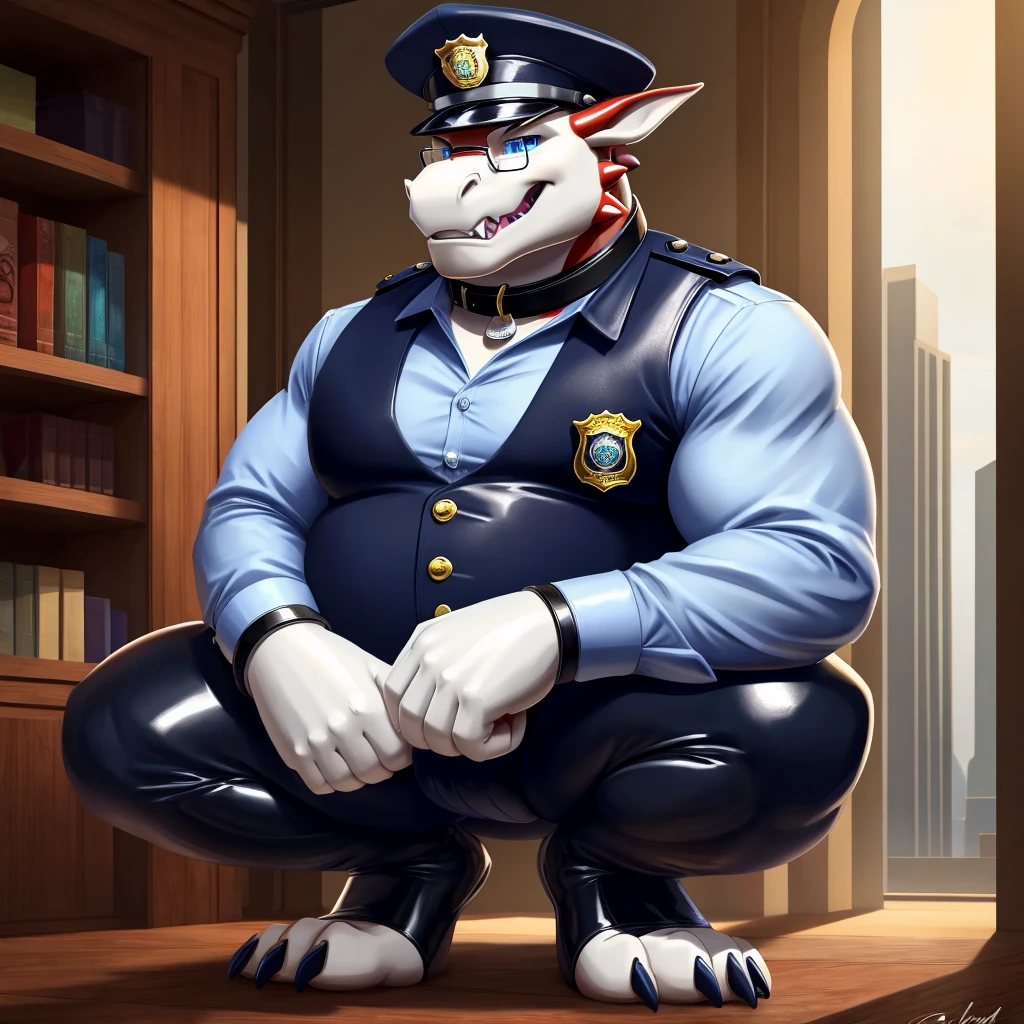 Solo, Male, fat, squatting, extremely obese, Dragon, blue eyes, (soft shading), 4k, hi res, ((detailed face, detailed)), looking at viewer, evil grin, police station, collared shirt with buttons, hat, male focus, Police Uniform, glasses, monocle, vest with buttons, sleeves rolled up, round eyewear, headwear, vest, Dragon is wearing a glossy leather dog collar around the neck, Dragon is wearing the leather collar and shirt and vest at the same time, Dragon is wearing glossy white rubber gloves on the hands, wearing white rubber gloves on the feet, Dragon is wearing glossy white cuffs around the wrists with cufflinks, gloves are rubber in texture, clenching teeth, clenching fists, leather collar is glossy and shiny with a lot of detail, Dragon is wearing gloves and cuffs and cufflinks at the same time, leather collar has a round dog-tag, leather collar is thick and detailed.