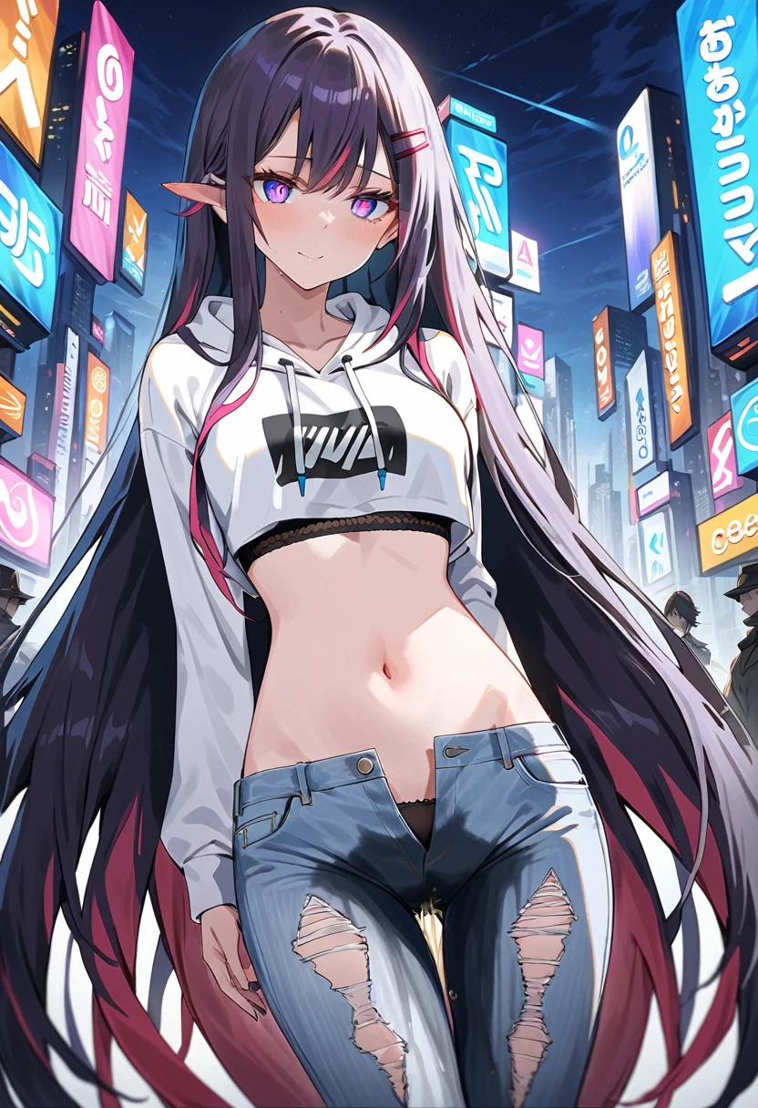 (masterpiece:1.37), best quality, (extremely detailed:1.37), woman, (very long hair:1.5), dark purple hair, purple eyes, (extremely detailed eyes:1.37), hoodie, navel, jeans, open fly, desperation, (wetting: self 3.0), standing, city, futuristic, neon lighting, high-tech