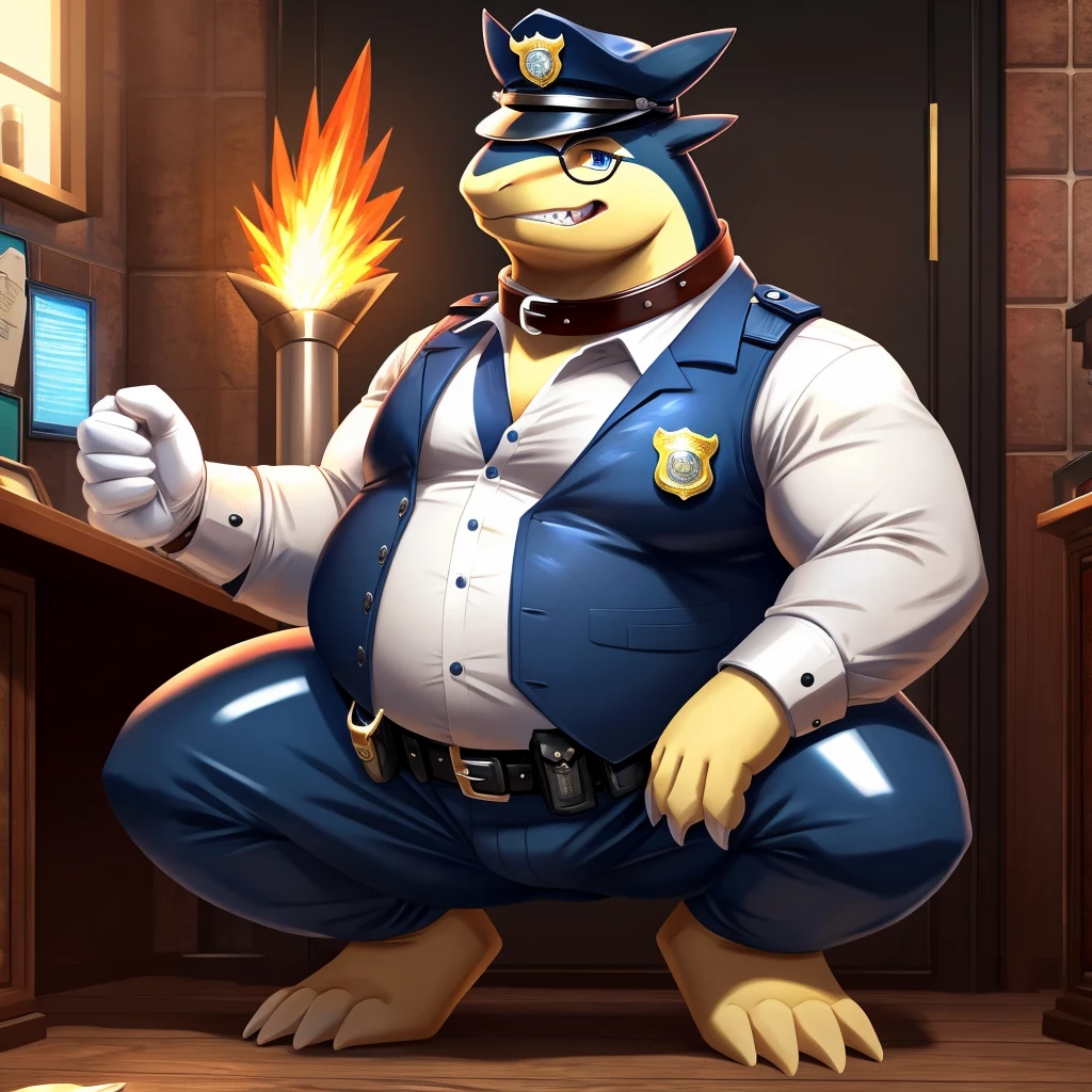 Solo, Male, fat, squatting, extremely obese, gentleman, dapper Professor Typhlosion, blue eyes, (soft shading), 4k, hi res, ((detailed face, detailed)), looking at viewer, evil grin, police station, collared shirt with buttons, hat, male focus, Police Uniform, glasses, monocle, vest with buttons, sleeves rolled up, round eyewear, headwear, vest, Typhlosion is wearing a glossy leather dog collar around the neck, Typhlosion is wearing the leather collar and shirt and vest at the same time, Typhlosion is wearing glossy white rubber gloves on the hands, wearing white rubber gloves on the feet, Typhlosion is wearing glossy white cuffs around the wrists with cufflinks, gloves are rubber in texture, clenching teeth, clenching fists, leather collar is glossy and shiny with a lot of detail, Typhlosion is wearing gloves and cuffs and cufflinks at the same time, leather collar has a round dog-tag, leather collar is thick and detailed.