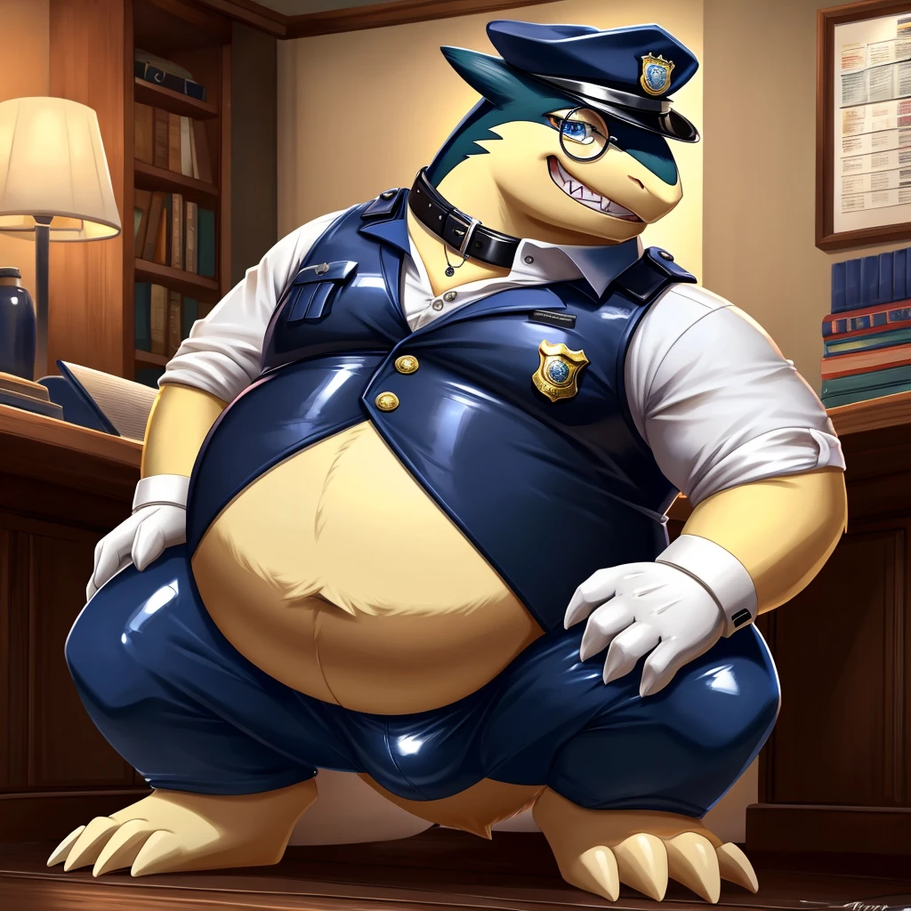 Solo, Male, fat, squatting, extremely obese, gentleman, dapper Professor Typhlosion, blue eyes, (soft shading), 4k, hi res, ((detailed face, detailed)), looking at viewer, evil grin, police station, collared shirt with buttons, hat, male focus, Police Uniform, glasses, monocle, vest with buttons, sleeves rolled up, round eyewear, headwear, vest, Typhlosion is wearing a glossy leather dog collar around the neck, Typhlosion is wearing the leather collar and shirt and vest at the same time, Typhlosion is wearing glossy white rubber gloves on the hands, wearing white rubber gloves on the feet, Typhlosion is wearing glossy white cuffs around the wrists with cufflinks, gloves are rubber in texture, clenching teeth, clenching fists, leather collar is glossy and shiny with a lot of detail, Typhlosion is wearing gloves and cuffs and cufflinks at the same time, leather collar has a round dog-tag, leather collar is thick and detailed.