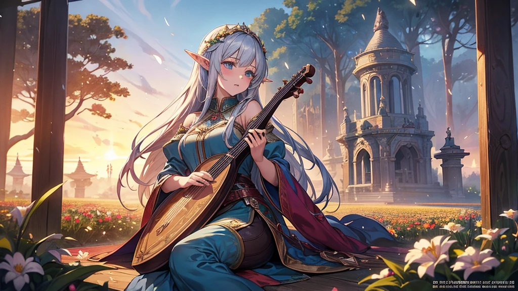 high quality、There is a woman holding a bodhran in a flower field., Fantasy art style, Beautiful fantasy art, Elven bard of the forest playing the lute, (Fog after the rain),Beautiful anime fantasy art portrait, Elf Girl, beautiful wood elf, everyone, Beautiful fantasy anime, Fantasy art style, Beautiful maiden, Elf Princess, Fantasy-style anime, Anime fantasy artwork, Shadowverse Style, Anime fantasy illustration, high qualityのアニメアートスタイル, Beautiful anime art、16:9