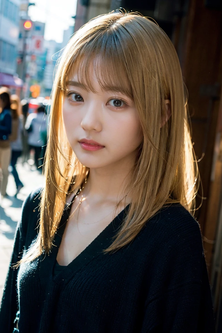 (Highest quality, 8K quality, masterpiece:1.3), (Ultra-high resolution, Photorealistic:1.4, RAW Photos), (Very detailed, Caustics, Detailed Background), (Ultra-Realistic Capture, Beautiful and detailed skin, Perfect Anatomy), whole body, Evening cityscape, Bright and very beautiful face, Younger, brighter, whiter skin, Best Looks, The most beautiful light blonde hair in the world, Thin Hair, Super long, silky straight hair, Shiny beautiful bangs, Shining, clear, big blue eyes, A very beautiful and adorable 16 year old, The most beautiful girls in the world, Chic Fall Fashion。彼女はEvening cityscapeを歩きながら、The streetlights illuminate her beautifully.。