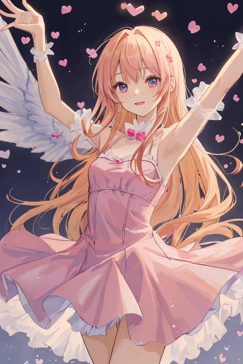 1_girl, (anime, kawai:2), (masterpeice, best_quality, simple, cute, dreamy, vibrant, clean:1.5), (cute, cute_smile, young:1.8), (delicate, beautiful, thin:1.5), (girlfriend, angel:1.6), (green_eyes, simple_eyes:1.5) (long_hair, blond_hair, wearing_pink_dress, pink_angel_wings, sexy_gloves:1.8), extremely_delicate, (love_magic:1.5), (age_size_fits_body), (small_thighs:1.3), (breasts), (eye_level:1.3), (heart_magic, love:1.5), (dancer:1.3)
