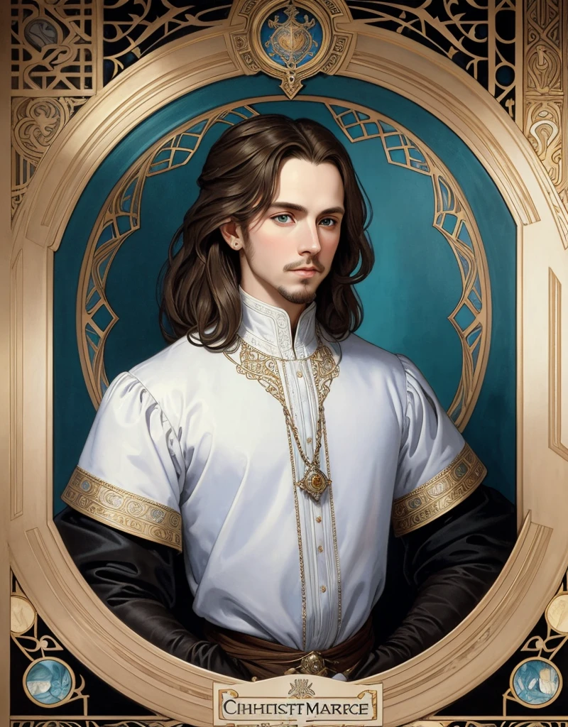 Portrait of Christopher Marlowe, white skin, piercing icy blue eyes, silky golden-brown hair, refined features, charp jawline, clean shaved, black Elizabethan velvet jerkin, white laced shirt, Art Nouveau style, Mucha style, Mucha background, realism, high quality