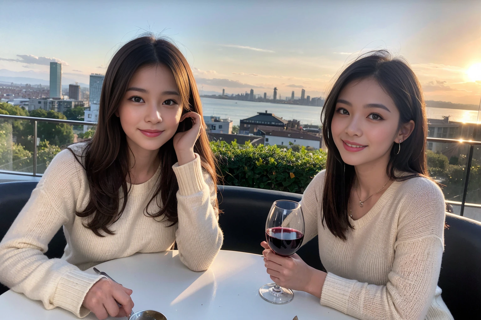 ((Highest quality、8K、masterpiece:1.3))、slimカップル、modelカップル、(Realistic, Intricate details:1.2), full-course dinner、Wine Party、Amazing view of the sunset sky and clouds、A bright smile、The wonderfulness of smile、Bright image、The beauty of wine, Beautiful Face, blue eyes, The light shines on your face, Blushing, short hair,Bright Face、 (Age 37), 39 years old, red wine 、Appetizers、Italian food、Wine bottle、Champagne、sparkling wine、Two beauties、Brown Hair、Shortcuts、Long sleeve shirt、dress、Beautiful woman 1, (slimな顔), (The body is slim), (Brown Hair), (Shortcuts), cheeks turn a little red,Attractive beauty、restaurant, In a prominent place (From the waist up) Nova Frog Style, actress, model, Upper Body, White wine, slim, wine glass, 中央に置かれたwine glass, smile, (smile: 1.15), Beautiful fine grain, Depth f/2,saturation, High Contrast, Strong light and shadow,Moist Body:1.5、3D texture、Delicate eyes、Brown Hair、The hair is very shiny、