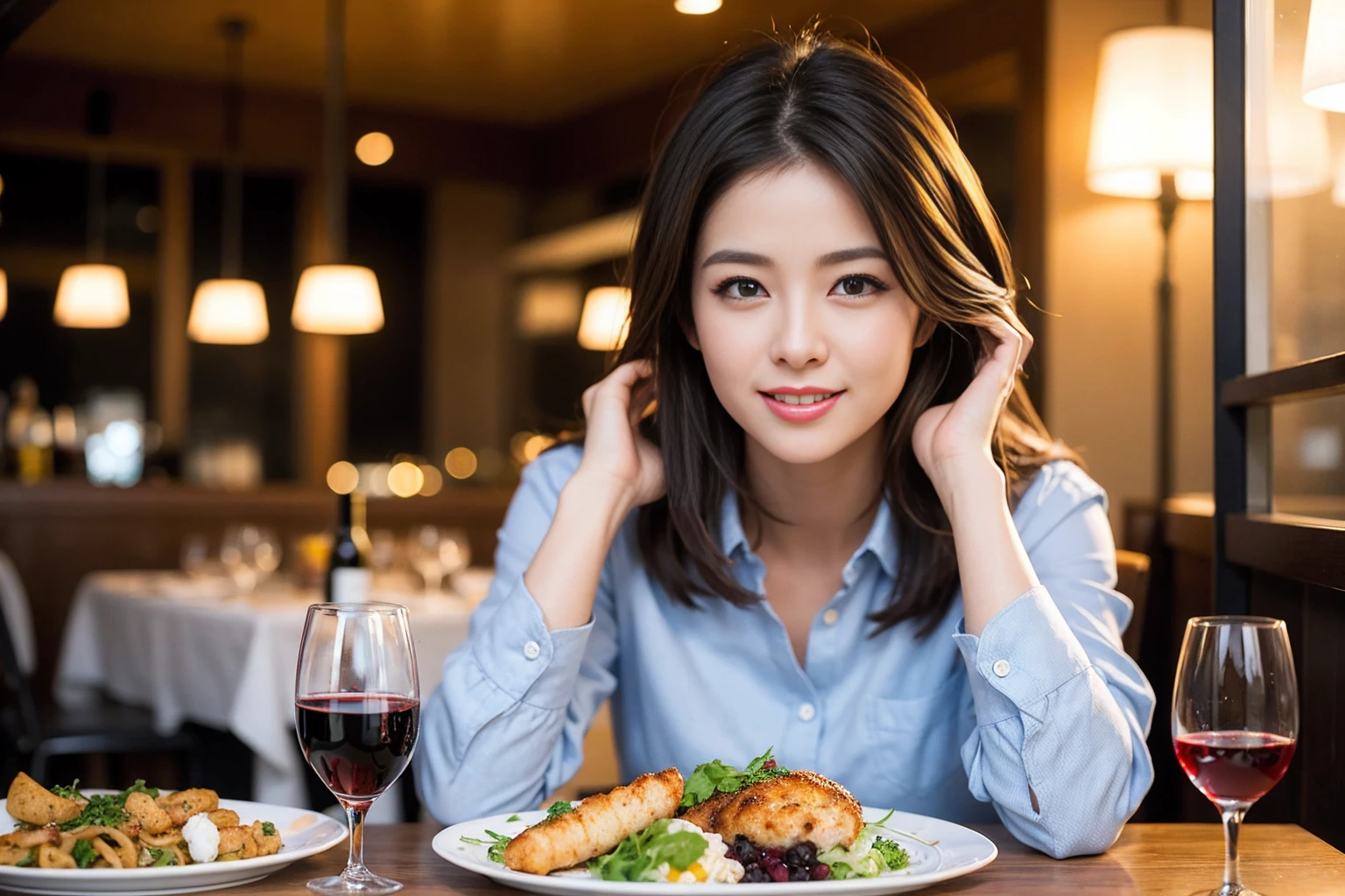 ((Highest quality、8K、masterpiece:1.3))、slimカップル、modelカップル、(Realistic, Intricate details:1.2), full-course dinner、Wine Party、Amazing view of the sunset sky and clouds、A bright smile、The wonderfulness of smile、Bright image、The beauty of wine, Beautiful Face, blue eyes, The light shines on your face, Blushing, short hair,Bright Face、 (Age 37), 39 years old, red wine 、Appetizers、Italian food、Wine bottle、Champagne、sparkling wine、Two beauties、Brown Hair、Shortcuts、Long sleeve shirt、dress、Beautiful woman 1, (slimな顔), (The body is slim), (Brown Hair), (Shortcuts), cheeks turn a little red,Attractive beauty、restaurant, In a prominent place (From the waist up) Nova Frog Style, actress, model, Upper Body, White wine, slim, wine glass, 中央に置かれたwine glass, smile, (smile: 1.15), Beautiful fine grain, Depth f/2,saturation, High Contrast, Strong light and shadow,Moist Body:1.5、3D texture、Delicate eyes、Brown Hair、The hair is very shiny、