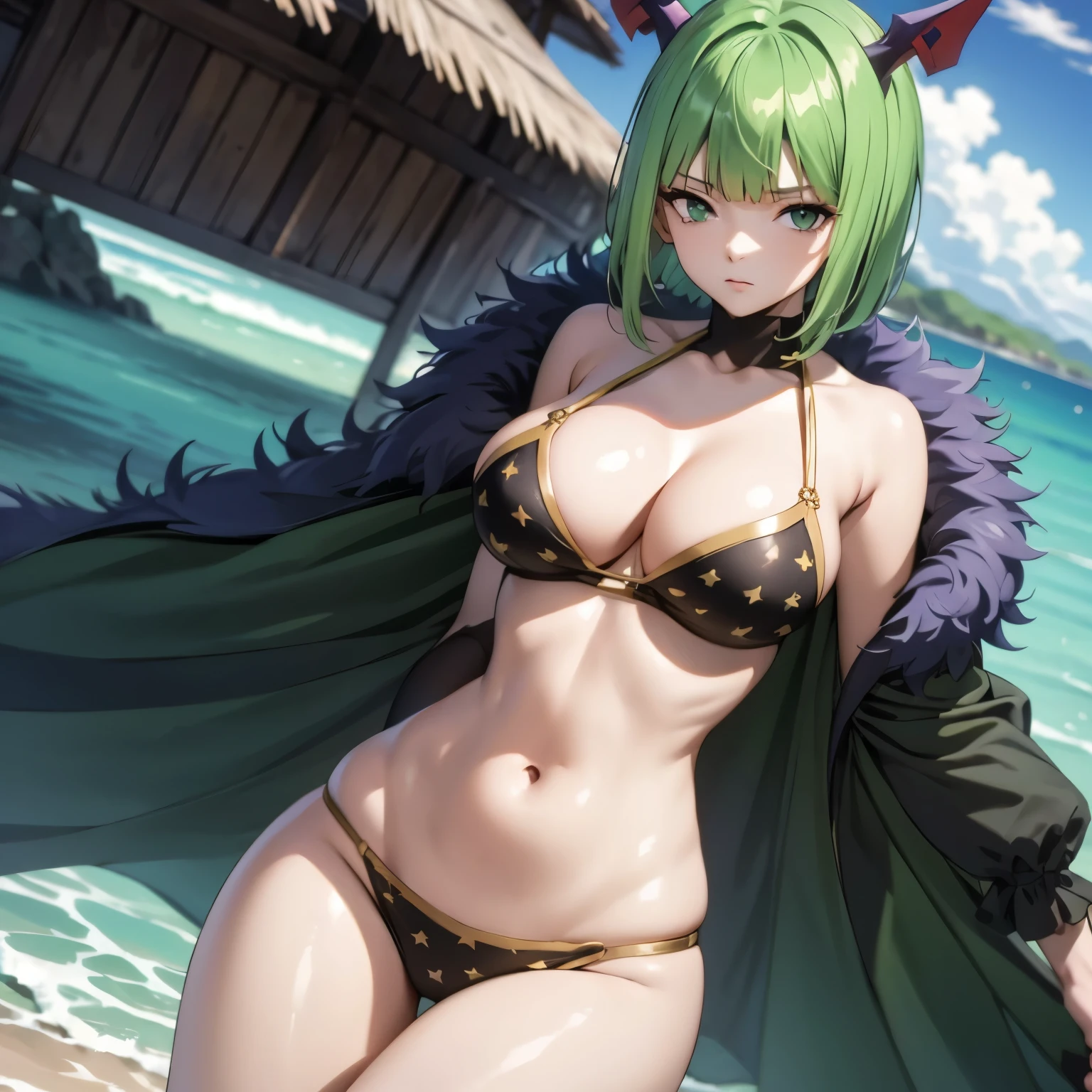 Brandish, Woman 20 years old, green hair preserve, decorations in her hair, green eyes, expressionless, big breasts, Bikini. background a tropical beach.