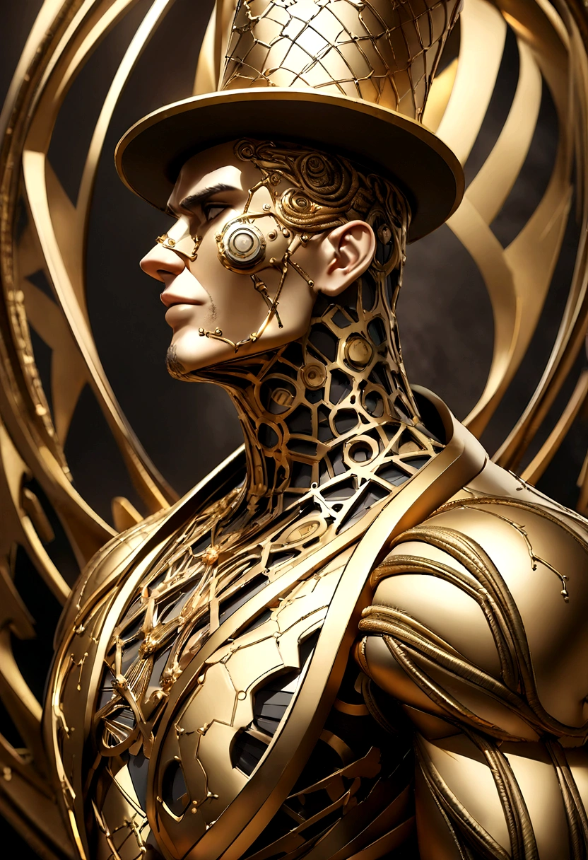 A centered profile of a 3D gold statue of a MAN with a top hat with gears on it, facing right, sharp jawline and chin, broad and wide chin, and well-defined facial structure, styled stubble with golden metalic facial hair made of different sized metal gears, metal skin, well designed golden eyebrows, digital art inspired by Hedi Xandt, trending on zbrush central, kinetic art, vintage, steampunk, gold with green veins, metallic background, open copy space, textured skin, super detail, high details, high quality, award winning