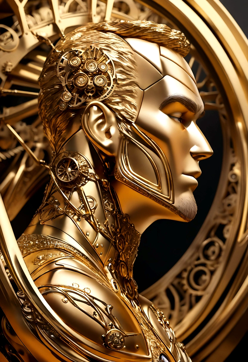 A centered profile of a 3D gold statue of a MAN with a top hat with gears on it, facing right, sharp jawline and chin, broad and wide chin, and well-defined facial structure, styled stubble with golden metalic facial hair made of different sized metal gears, metal skin, well designed golden eyebrows, digital art inspired by Hedi Xandt, trending on zbrush central, kinetic art, vintage, steampunk, gold with green veins, metallic background, open copy space, textured skin, super detail, high details, high quality, award winning