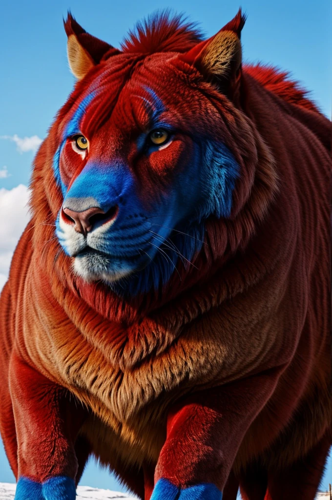 A very large large animal, with red fur and goes downwards with a blue gradient it has 4 legs, The front ones are larger than the back ones. Its claws are brown with a golden tone. It has no ears and a large mouth. It also has one eye and a long tail with red fur.