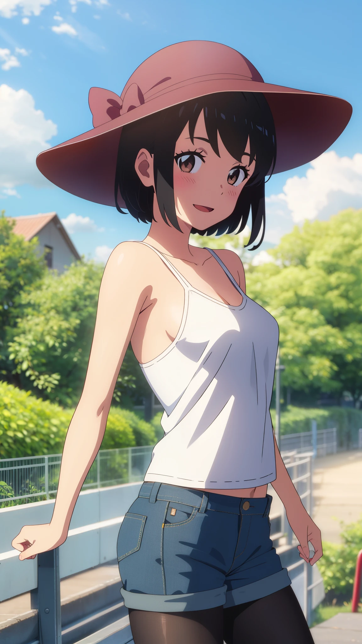 shinkai makoto, kimi no na wa., 1girl, bangs, black hair, blush, bright eyes, brown eyes, looking at the viewer, casual clothes, red bonnie hat, white shirt, bare shoulders, blue shorts, black pantyhose, short hair, medium breasts, solo, outdoors, shinny skin, smile, open mouth, sky, cloudy, summer_season, scenery, upper body portrait