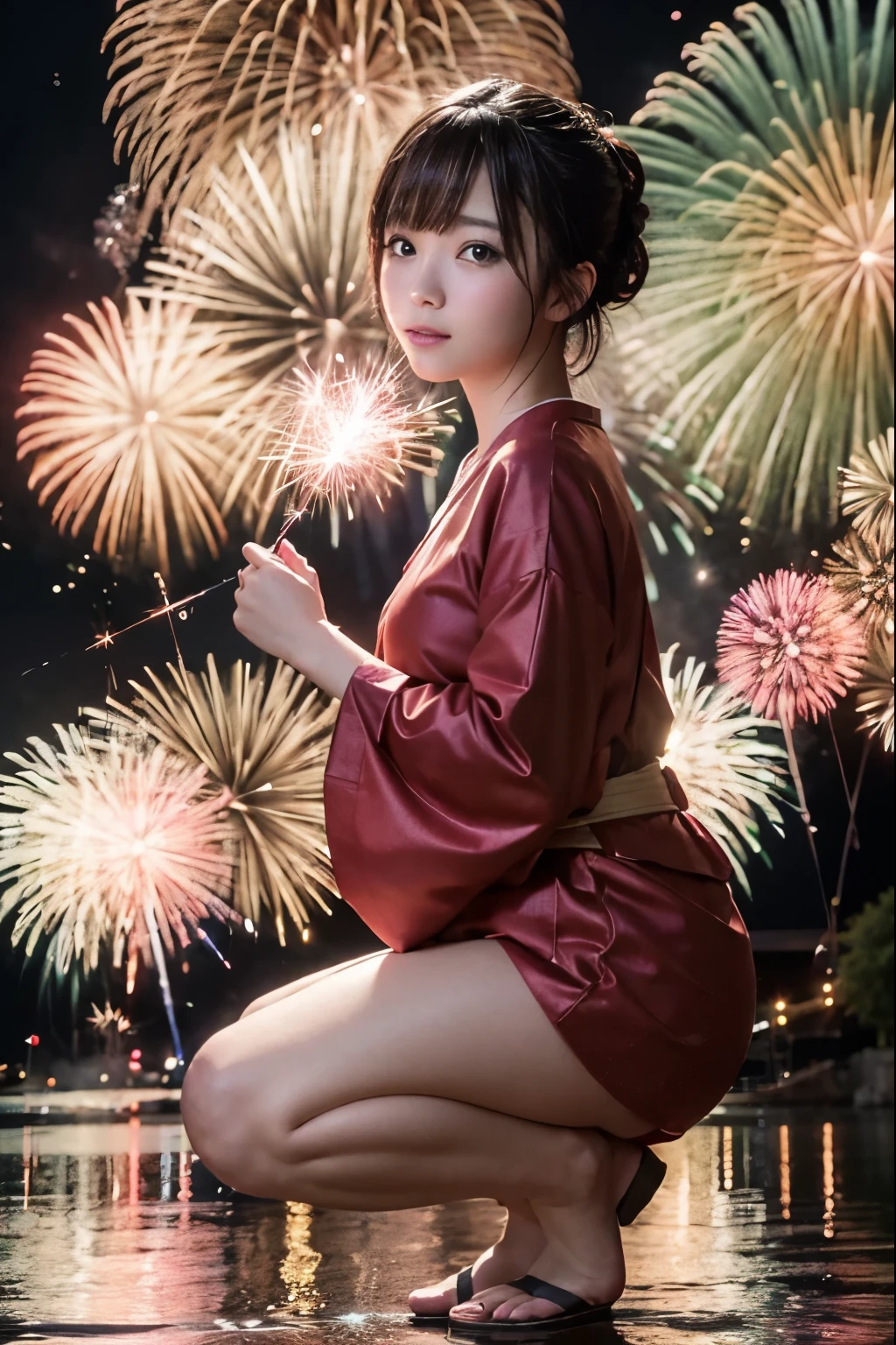 Perfectly Anatomically Correct:1.4, 5 Beautiful finger:1.4,
Only 1 Shooting-up Fireworks:1.6,
1 Japanese Girl, Very Short Hair Bun:1.2, Wide-Set Eyes, Very White Skinned, Blush, Bashfully, 18-Year-Old, Open Mouse Slightly,
Cute Eyes, Brown Hair, Light Smiling, Cheerful,
(Japanese Sparklers Within Reached Arm:1.4),
(Point Fireworks at Viewer:1.4),
Squatting:1.2, (Pale-Red Japanese Clothes),
Non-Nipple:1.2,
Looking Up Viewer:1.2, from Side,
Riverside,
BREAK
8K, RAW Photo, Best Quality, Masterpiece, Realistic, PhotoRealistic, Extremely Detailed 8K Wallpaper, Beautifully Detailed Eyes, Finely Detailed Face, POV Shot,
BREAK
High-Key Lighting, Professional Lighting, Bokeh:1.2