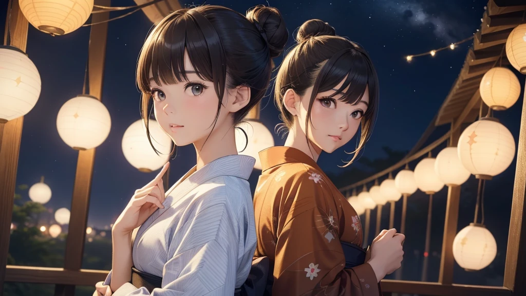 (Very detailed,High resolution,masterpiece:1.2)Japanese、Night view, Starry Sky、milky way、Tanabata Bamboo Decorations Light Brown Hair. She is wearing a yukata.Big fireworks、Slendering, Flat Color:0.8, Fine 図, Realistic:1.37, Shinkai Makoto style, Your name style, Hair Bun。,(masterpiece: 1,2)、(masterpiece: 1,2)、High resolution、超High resolution、Highest quality、High resolution、