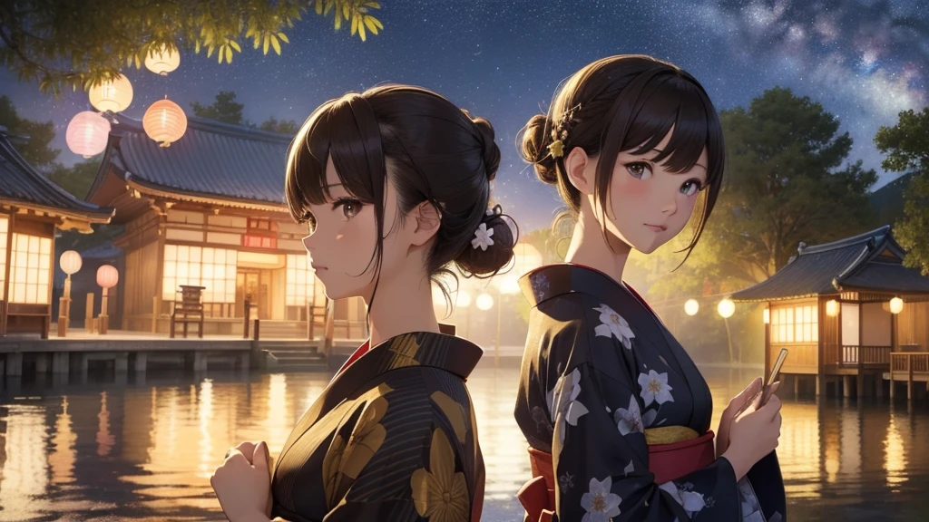 (Very detailed,High resolution,masterpiece:1.2)Japanese、Night view, Starry Sky、milky way、Tanabata Bamboo Decorations Light Brown Hair. She is wearing a yukata.Big fireworks、Slendering, Flat Color:0.8, Fine 図, Realistic:1.37, Shinkai Makoto style, Your name style, Hair Bun。,(masterpiece: 1,2)、(masterpiece: 1,2)、High resolution、超High resolution、Highest quality、High resolution、