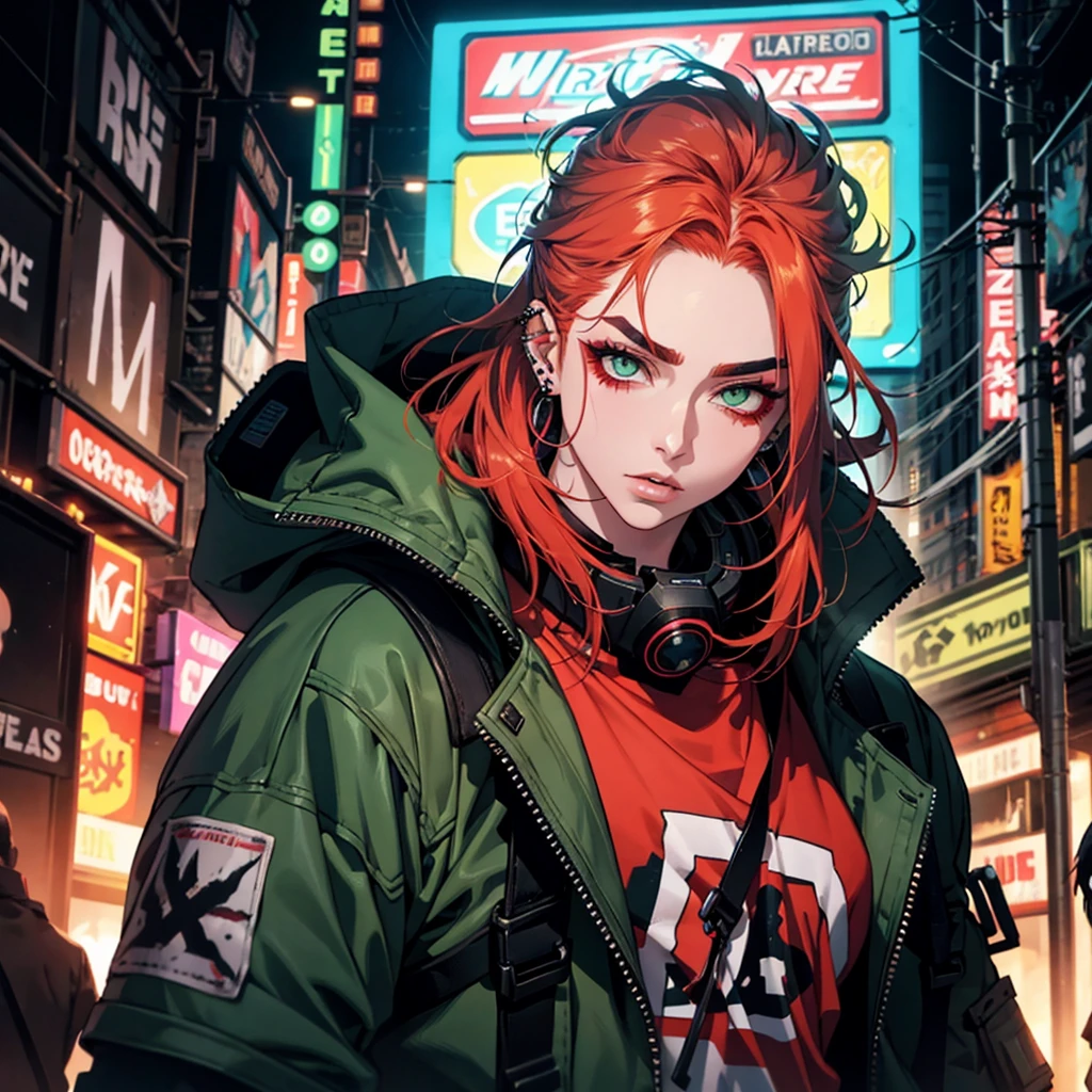 1 chico, redhead, high, muscular, White skin, parts, green eyes, postapocalyptic world, technology, deaf, Neon colors, poor clothes, neon lights, punk style, piercings on eyebrows, lips and ears