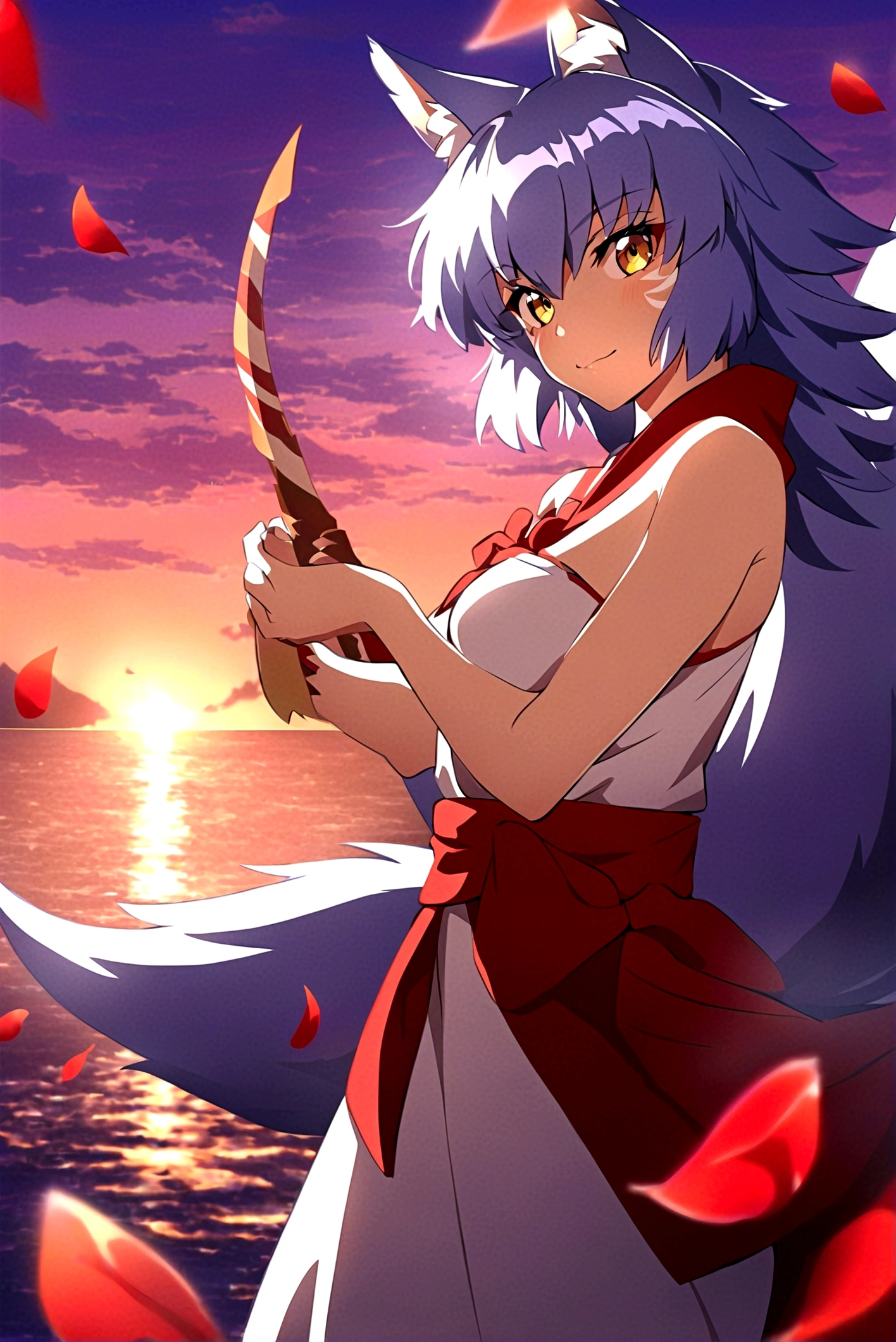 fox Light blue hair 　beast girl　indigo fur　fox beast girl　Sesshomaru, Yellow eyes, Anime, Perfect face, Perfect Lighting, Outdoors, Warm colors, Dark purple sky, Autumn sunset,  \(inuyasha\), Bearing Claw, Ready to fight　wave, koi fish, anime artstyle, wide view, fluffy. yellow  fox, marking under the eyes, crystal antler ,violet eyes, wearing bandanna, flower petals, Ambient light，Ultra-fine fur，volumettic light，natural  lightting，fox tail，nevando，35mm。High quality, high detal, Best quality, hyper HD，individual，Single