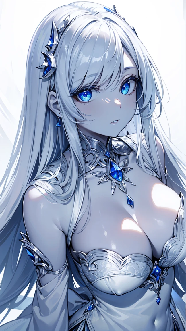 (masterpiece),((Highly detailed long silver hair)),((expressive blue eyes)),(Highly detailed white dress),deep cleavage,happy expression,extremely beautiful mature woman, milf,pale white skin,silver jewelry,best quality,cel shading,8K HD,highly detaild face, highly detaild eyes,flat color,digital color,(close angle),low contrast,contrapposto,white background