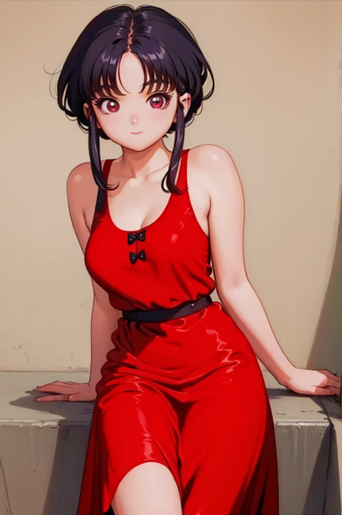 red chinese dress, 1 girl, alone, Bblack hair, shorth hair, ssmile
