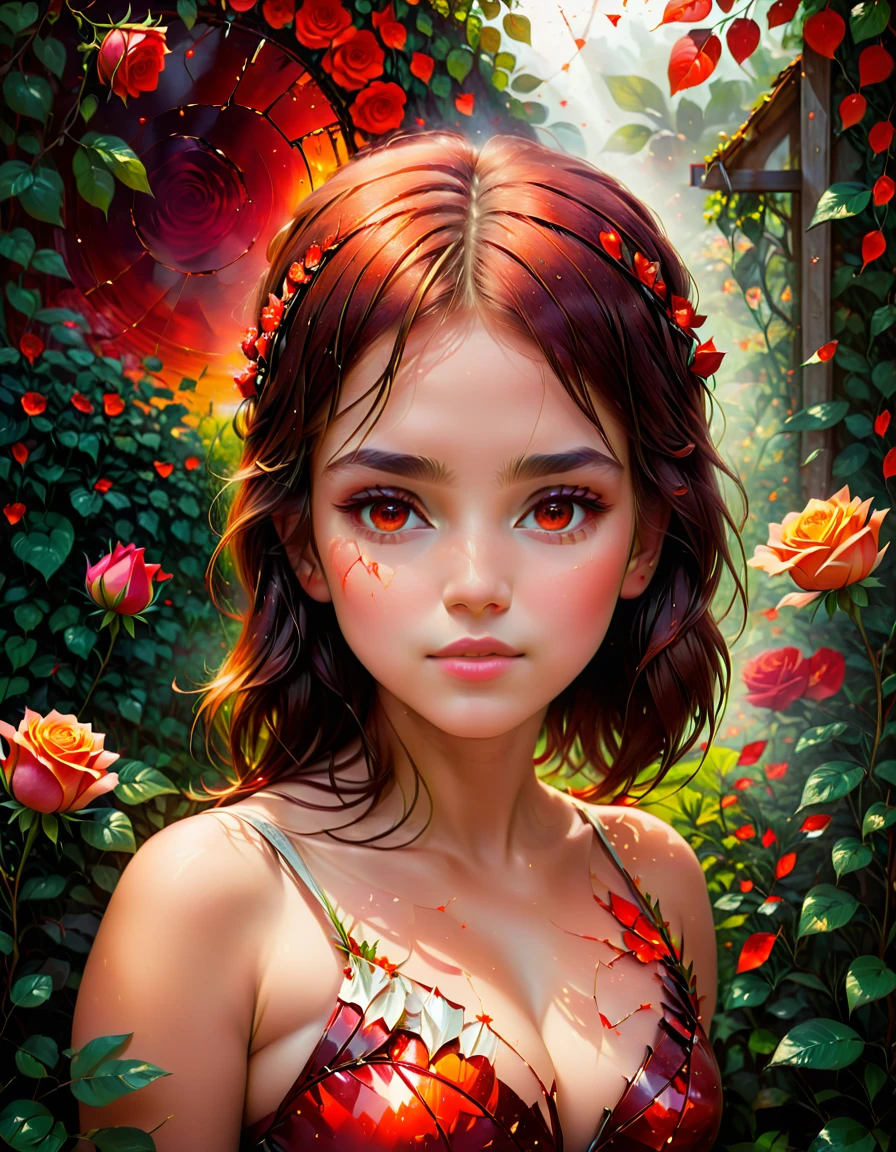 Aviso positivo:
Compose a deeply emotional and visually striking image showing a young Norwegian girl in the Garden of Eden., con delicadas rosas al fondo. Incorporate abstract art elements with an aspect ratio of 1..6 y un efecto de vidrio roto, Conveying shattered memories and a red-tinted background with vivid shades of red., NARANJA, and ebony. Para potenciar el impacto emocional., incluyen espinas de rosas goteando sangre, contribuyendo a la belleza general y la naturaleza evocadora de la pieza.. Utilice elementos hiperdetallados e intrincados, bringing the final image to life with 8K HDR and cinematic lighting. The dramatic atmosphere enhances the overall detailed and high-quality nature of this stunning work of art..