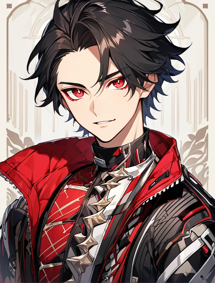 (Black_Hair), (red_ruby_eyes), (Handsome), (attractive), (male), (close_up_shot), (detailed_eyes), (detailed_hair), (clean_hair),  (vertical_pupils), (jawline), (wears_aristrocatic_outfit), (in_his_late_s), (short_hair)