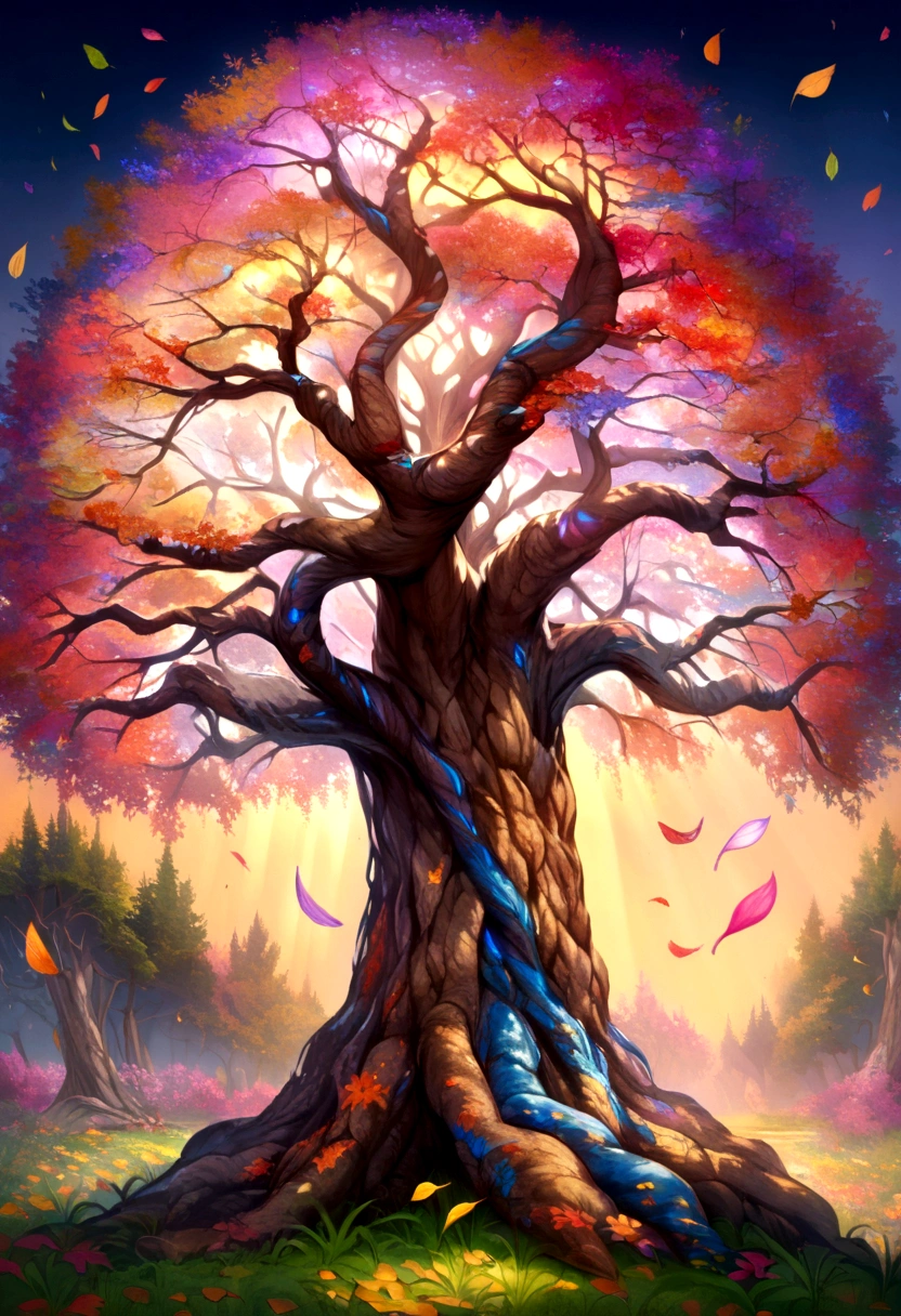 horizontal hyperrealistic tree colorful leaves, painted al oleo