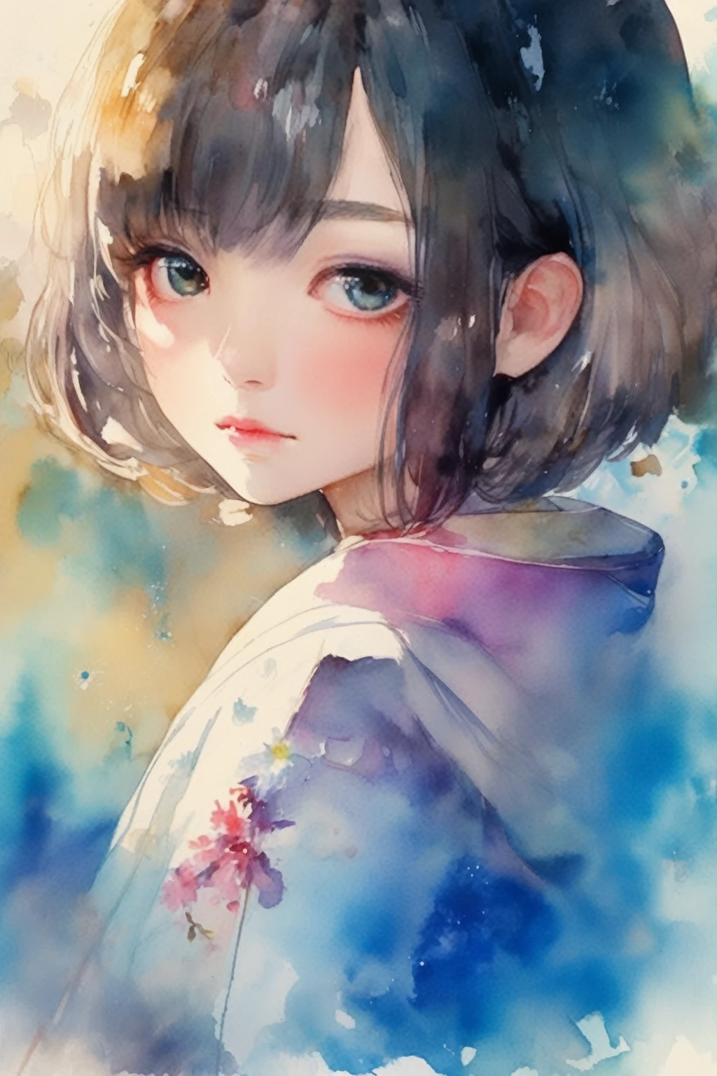 Girl in Yukata、short hair、Watching the audience、Watercolor、Sparkling Eyes、Glossy lips、Clear Skin、Masterpiece、Highest quality、Artwork