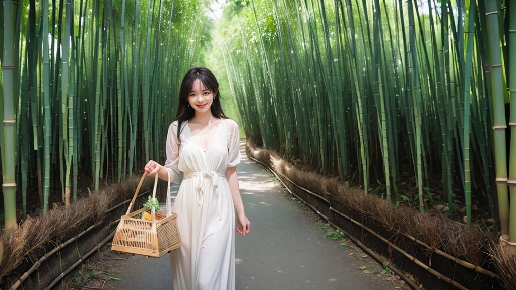 ((best quality)), ((masterpiece)), (detailed),A figure walked out from the depths of the bamboo forest,Wearing a simple dress,Holding a basket of freshly picked bamboo shoots,With a warm smile on his face