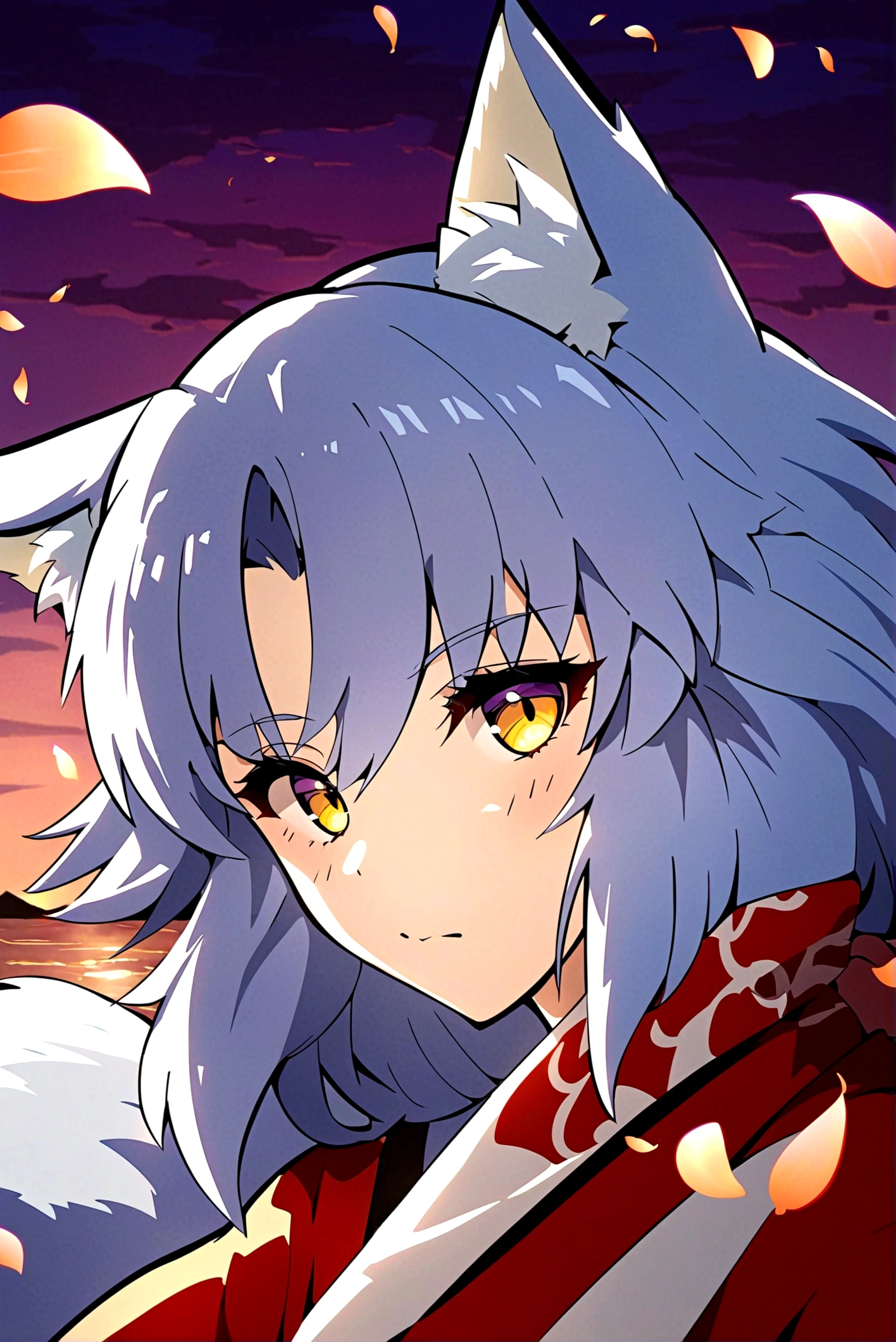 fox Light blue hair 　beast girl　indigo fur　fox beast girl　Sesshomaru, Yellow eyes, Anime, Perfect face, Perfect Lighting, Outdoors, Warm colors, Dark purple sky, Autumn sunset,  \(inuyasha\), Bearing Claw, Ready to fight　wave, koi fish, anime artstyle, wide view, fluffy. yellow  fox, marking under the eyes, crystal antler ,violet eyes, wearing bandanna, flower petals, Ambient light，Ultra-fine fur，volumettic light，natural  lightting，fox tail，nevando，35mm。High quality, high detal, Best quality, hyper HD，individual，Single