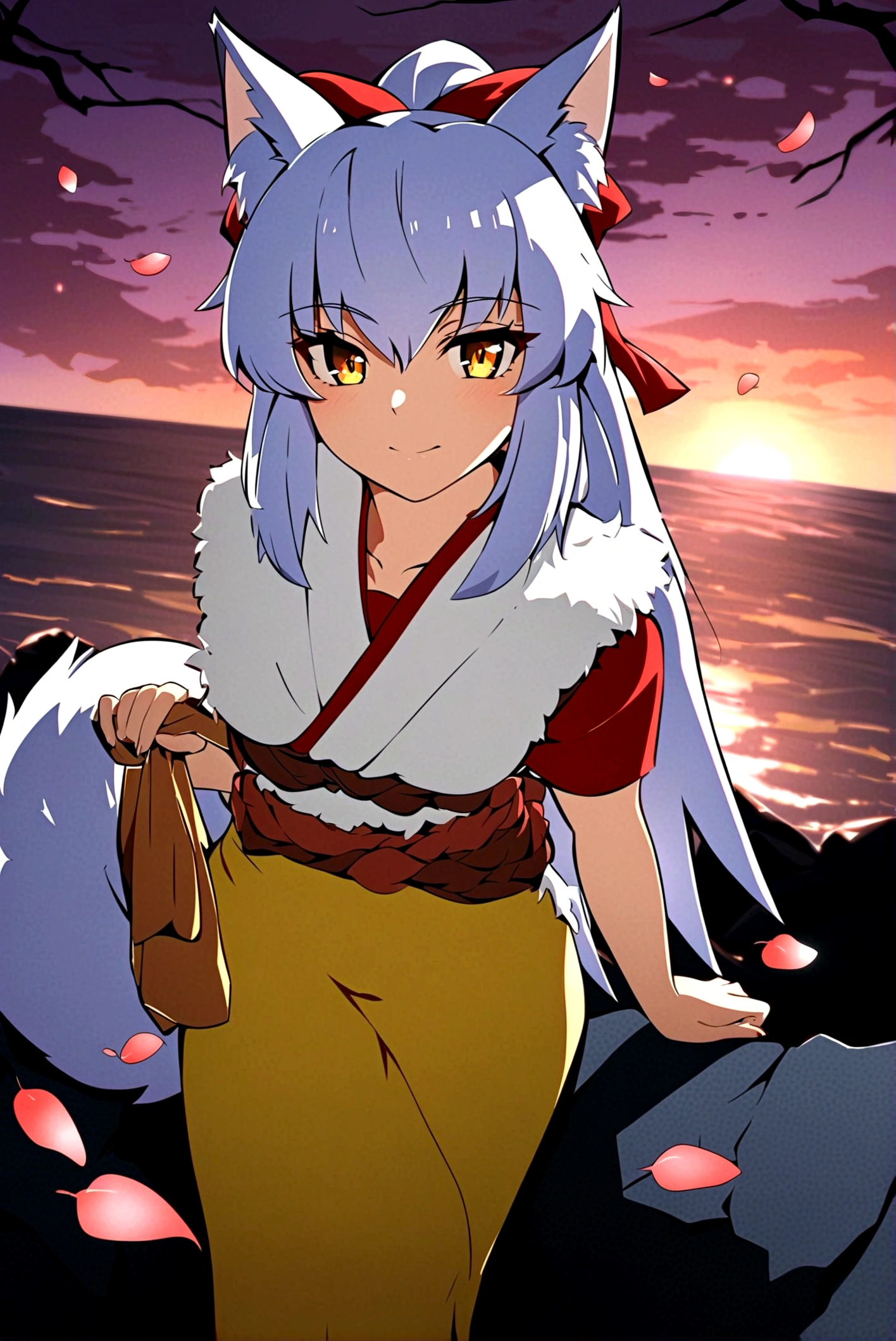 fox Light blue hair beast girl indigo fur fox beast girl Sesshomaru, Yellow eyes, Anime, Perfect face, Perfect Lighting, Outdoors, Warm colors, Dark purple sky, Autumn sunset, \(inuyasha\), Bearing Claw, Ready to fight wave, koi fish, anime artstyle, wide view, fluffy. yellow fox, marking under the eyes, crystal antler ,violet eyes, wearing bandanna, flower petals, Ambient light,Ultra-fine fur,volumettic light,natural lightting,fox tail,nevando,35mm。High quality, high detal, Best quality, hyper HD,individual,Single