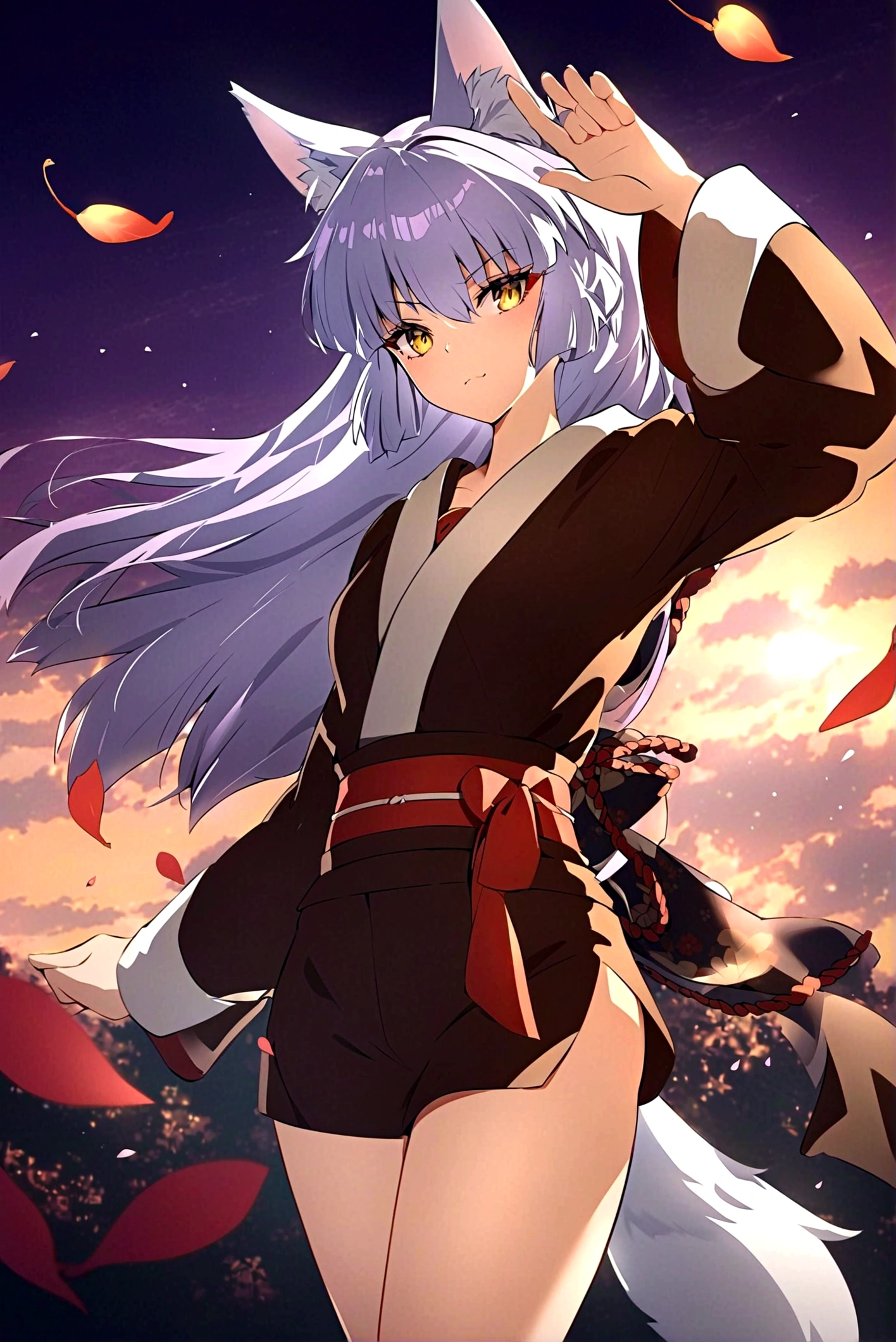 fox Light blue hair beast girl indigo fur fox beast girl Sesshomaru, Yellow eyes, Anime, Perfect face, Perfect Lighting, Outdoors, Warm colors, Dark purple sky, Autumn sunset, \(inuyasha\), Bearing Claw, Ready to fight wave, koi fish, anime artstyle, wide view, fluffy. yellow fox, marking under the eyes, crystal antler ,violet eyes, wearing bandanna, flower petals, Ambient light,Ultra-fine fur,volumettic light,natural lightting,fox tail,nevando,35mm。High quality, high detal, Best quality, hyper HD,individual,Single