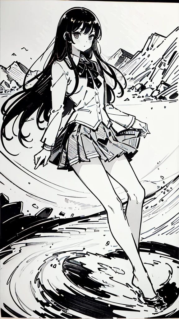 One Girl,Line art,Monochrome,sketch,Pencil drawing,Traditional Media,One Girl, skirt,Cute Teenage Girls, ,Beautiful portrait、Delicate body、Black Hair、Black Hair,landscape,Black and White