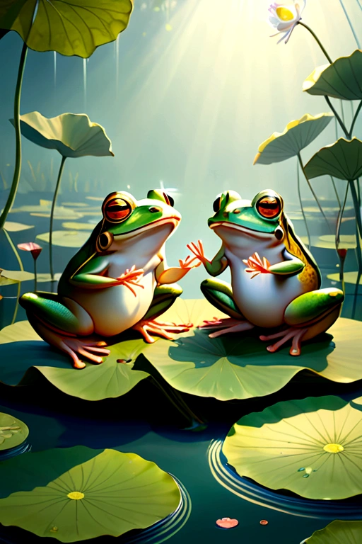 Frogs dancing on lotus leaves