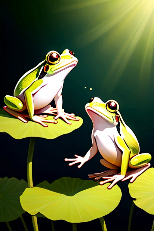 Frogs dancing on lotus leaves