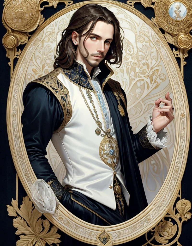 Portrait of Christopher Marlowe, white skin, piercing icy blue eyes, silky golden-brown hair, refined features, charp jawline, clean shaved, black Elizabethan velvet jerkin, white laced shirt, Art Nouveau style, Mucha style, Mucha background, realism, high quality