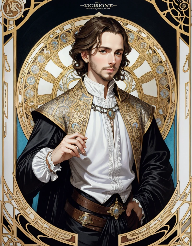 Portrait of Christopher Marlowe, white skin, piercing icy blue eyes, silky golden-brown hair, refined features, charp jawline, clean shaved, black Elizabethan velvet jerkin, white laced shirt, Art Nouveau style, Mucha style, Mucha background, realism, high quality