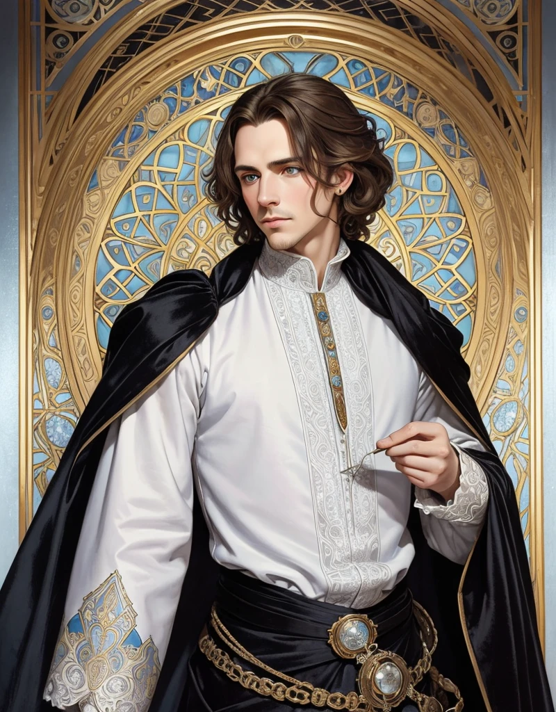 Portrait of Christopher Marlowe, white skin, piercing icy blue eyes, silky golden-brown hair, refined features, charp jawline, clean shaved, black Elizabethan velvet jerkin, white laced shirt, Art Nouveau style, Mucha style, Mucha background, realism, high quality