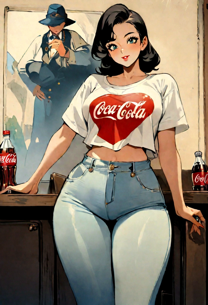 (vintage),(Retro),(Cartel), coca cola advertising with perfect girl, clothing oversized blue jeans and white t-shirt with open waist(sexy), military environment, Masterpiece,