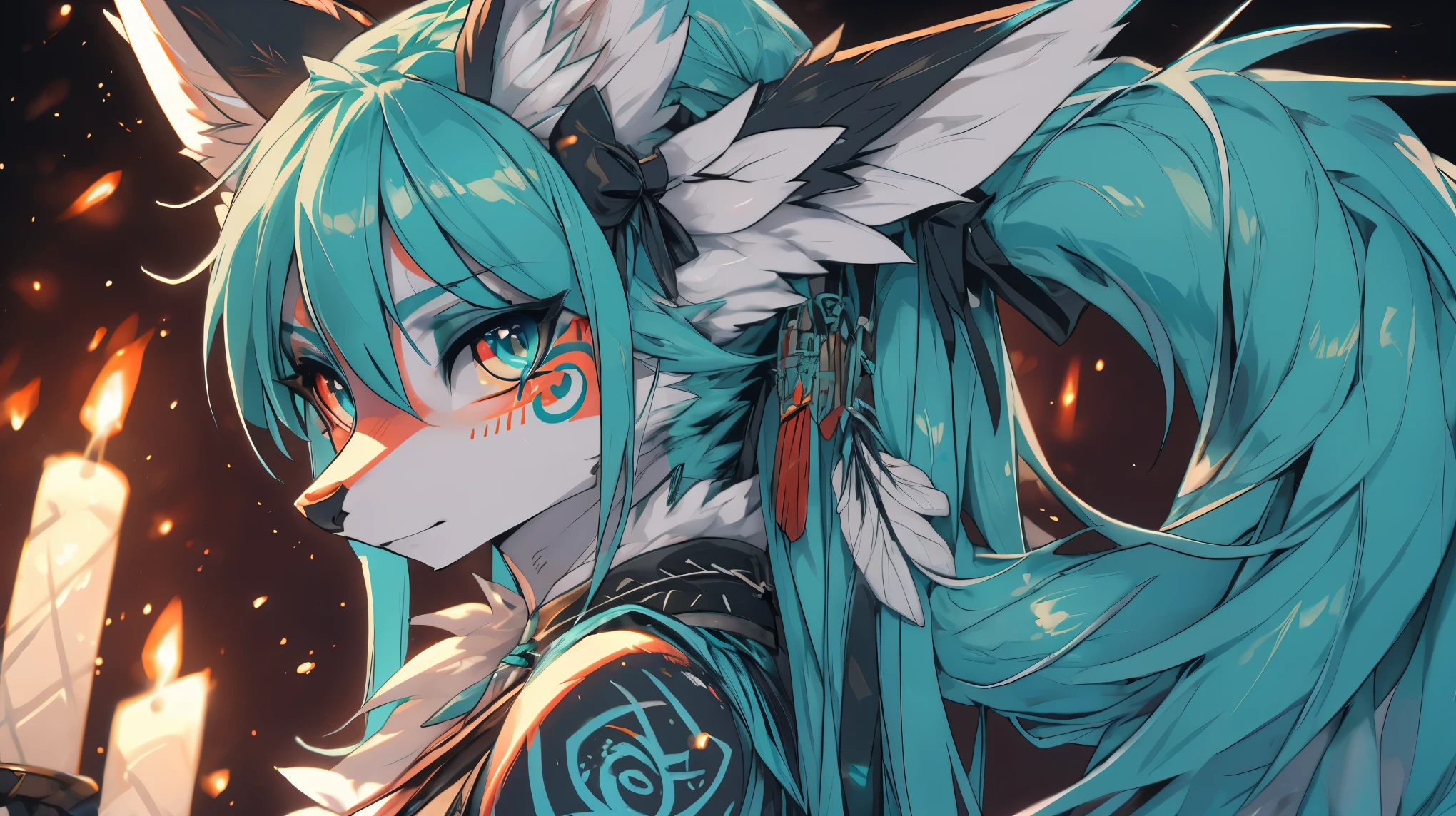 Miku Hatsune, add high definition_detail:1, blue fur,kitsune ears, tribal tattoo add_detail:1