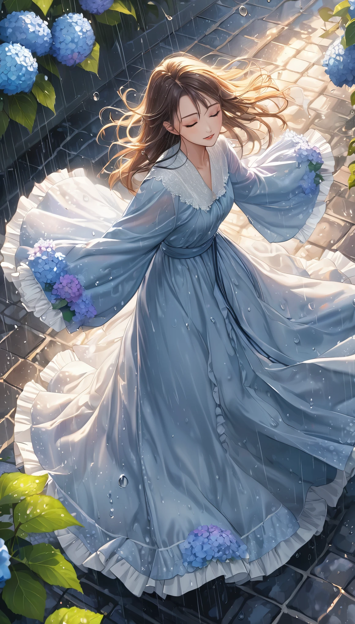 from directly above, best quality, super fine, 16k, 2.5D, delicate and dynamic depiction, beautiful woman doing a turn dance in the rain, closing her eyes and spinning around with her head facing up, wearing a ruffle long dress with large long sleeves and lace, lots of raindrops, the raindrops appear to be stopped as if in slow motion, rain dance, cobblestones, colorful hydrangeas blooming all around, pale sun effects