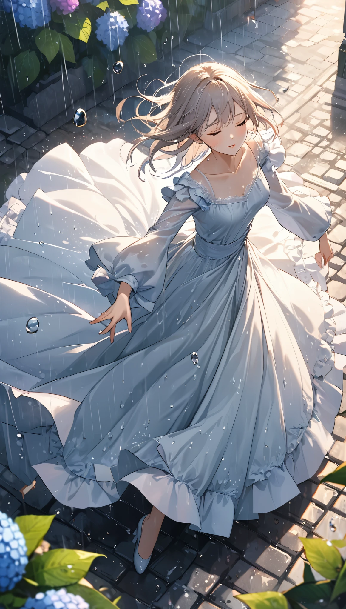 from directly above, best quality, super fine, 16k, 2.5D, delicate and dynamic depiction, beautiful woman doing a turn dance in the rain, closing her eyes and spinning around with her head facing up, wearing a ruffle long dress with large long sleeves and lace, lots of raindrops, the raindrops appear to be stopped as if in slow motion, rain dance, cobblestones, colorful hydrangeas blooming all around, pale sun effects