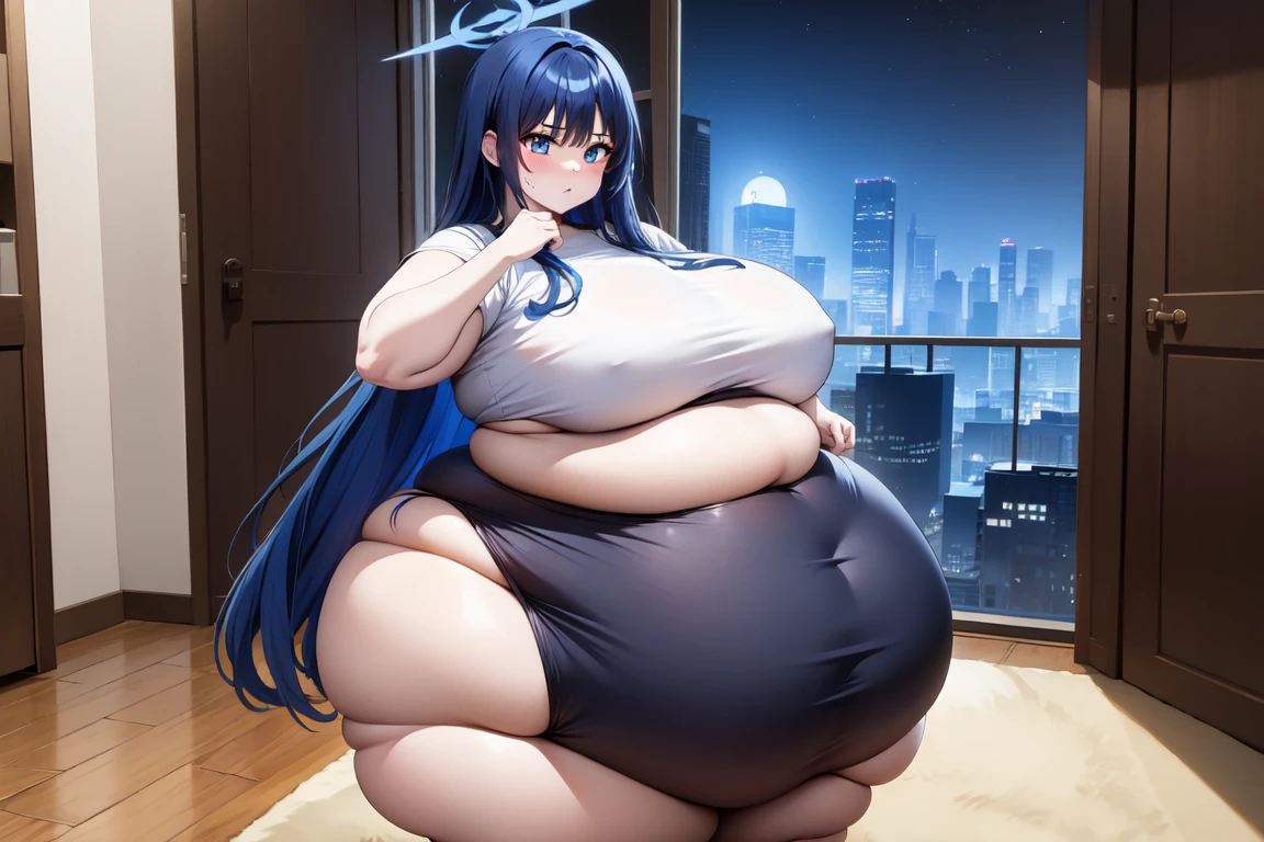 saori joumae, blue eyes, blue hair, halo, long hair, indoors, night, doorstuck, wide hips, thick thighs