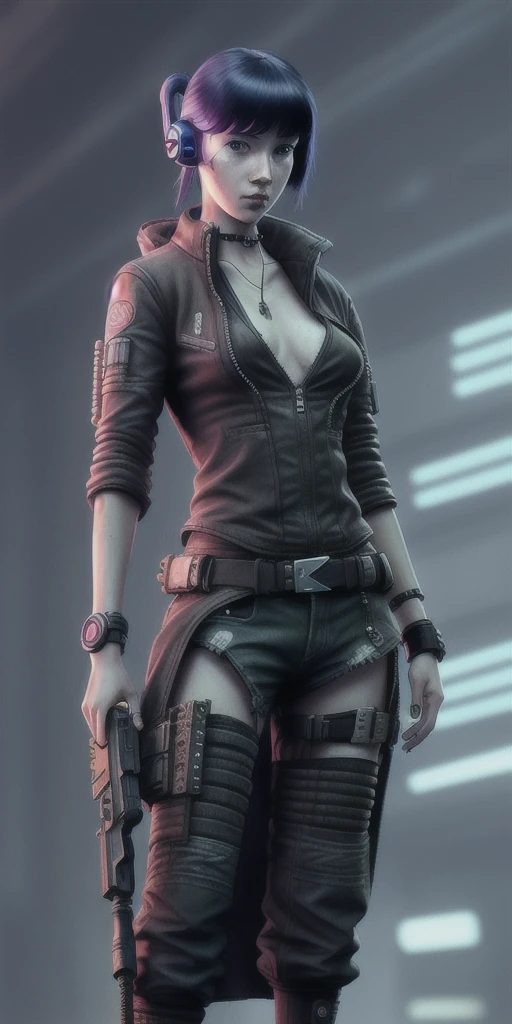 a girl , cyberpunk style,solo,weapon