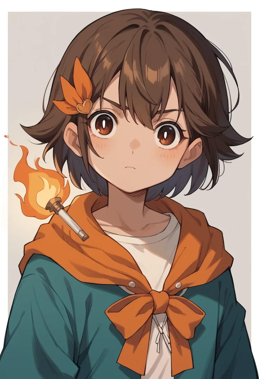 draw an oc of inazuma with brown bangs and orange ribbon torch style eyes