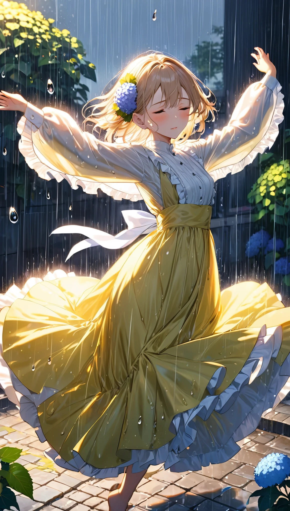 from directly above, best quality, super fine, 16k, 2.5D, delicate and dynamic depiction, beautiful woman doing a turn dance in the rain, closing her eyes and spinning around with her head facing up, wearing a ruffle long dress with large long sleeves and lace, lots of raindrops, the raindrops appear to be stopped as if in slow motion, rain dance, cobblestones, colorful hydrangeas blooming all around, pale sun effects