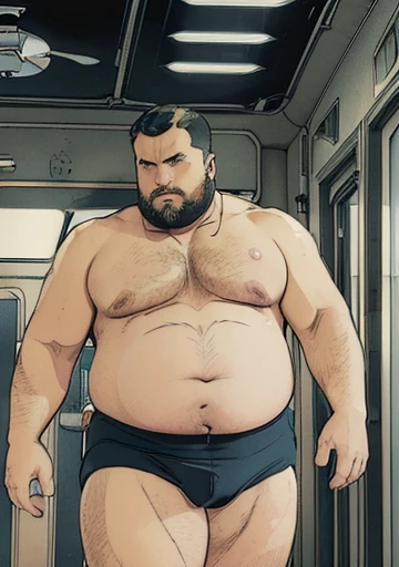 (((Chubby male extremely thick thighs large belly fat The captain of the astronauts is a plump, chubby man, extremely thick thighs, a large belly, fat))). Passing inside the spaceship laboratory,  He is holding tools to fix something. You are in a futuristic room. He is holding a glass of wine 🍷, ((( he walks around checking the security cameras))), Talking to a robot.