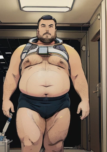 (((Chubby male extremely thick thighs large belly fat The captain of the astronauts is a plump, chubby man, extremely thick thighs, a large belly, fat))). Passing inside the spaceship laboratory, He is holding tools to fix something. You are in a futuristic room. He is holding a glass of wine 🍷, ((( he walks around checking the security cameras))), Talking to a robot.