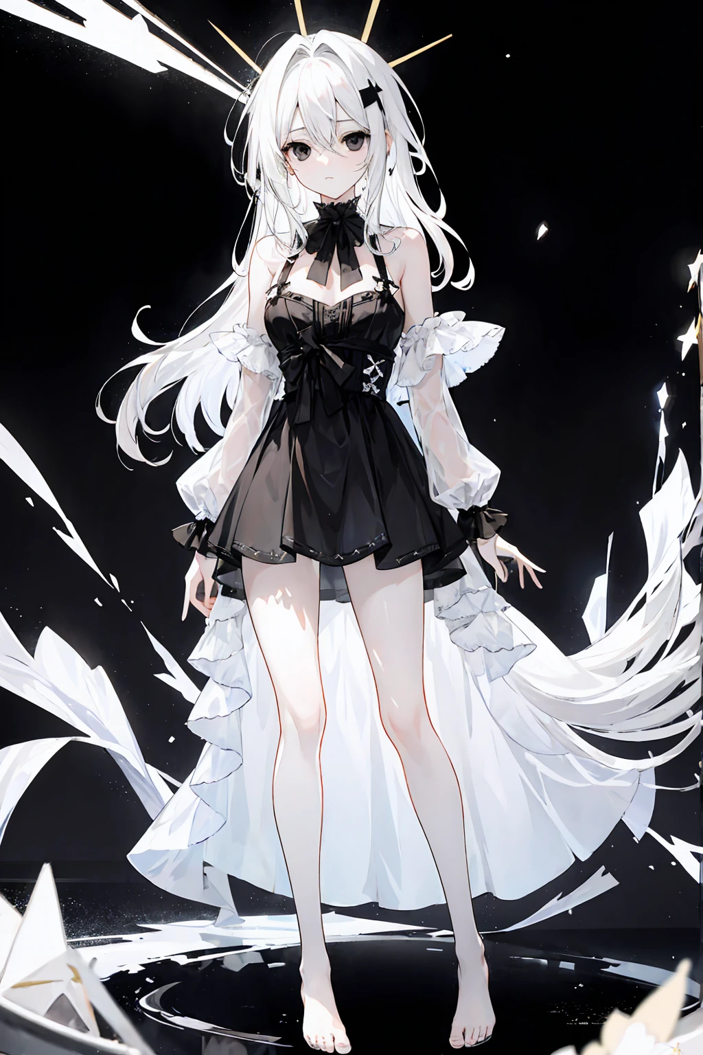 Light Gradient Hair,Asymmetrical hair,（（Thick hair 1.8，Clear head outline 1.6））， Shoulder-length hair, Messy hair, Very long hair, Shiny hair，(Long white hair:1.2),A beautiful girl，（Luxury Platinum Mini Lolita，Made of transparent material），（Transparent clothes transparent 1.8），Perfect body，High，Slender，(Looks sad，Looks haggard、Looks haggard、Pale nipples ，Grief，shut your mouth：1.2） Against the background of an unusually bright dark starry sky，stand up（Put your hands behind you），（round,  Large target, Firm breasts），barefoot，float，water surface，（Long Law，Long Law，Long Law，Complete），Full body image，(Black eyes:1.5)