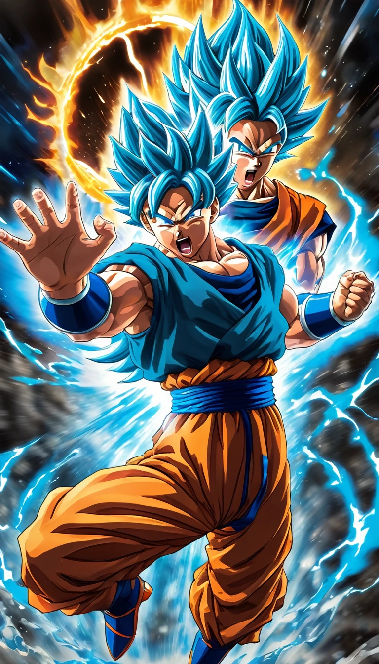 Manga cover, charismatic,  (random different forms of son goku super saiyan god mode ((unleashing random form blue rayed kamehameha:1.2)) , ready fighting pose:1.2 ) , random fight scene in the background, (multiple views:1.2)